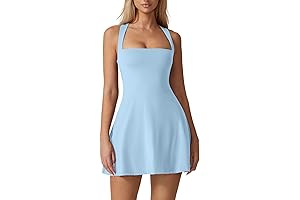 QINSEN Women's Airy Dress Square Neck Tennis Dress with Built-in Shorts