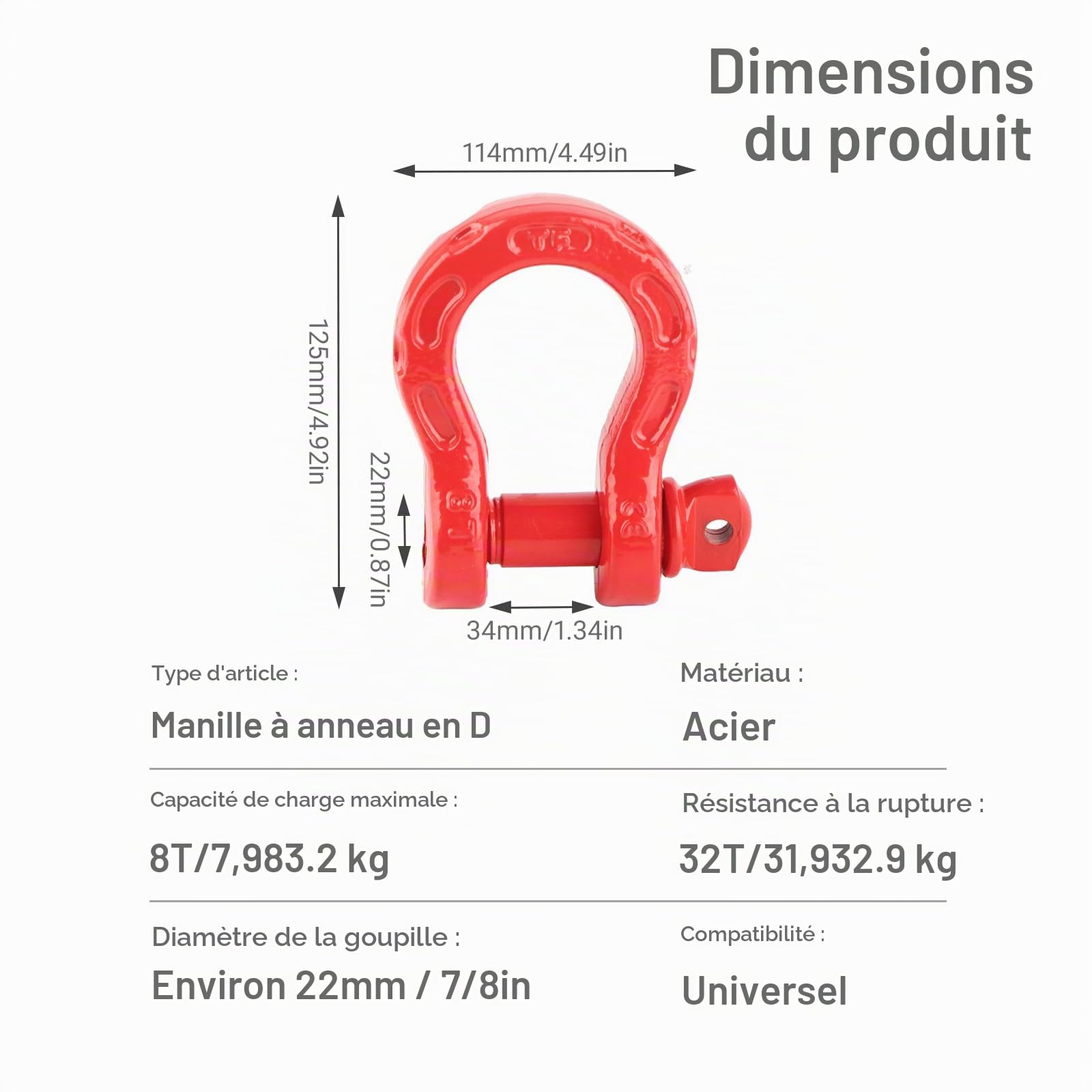Manille de remorquage, Manille à Anneau en D, 5T/11000lbs 19T/41000lbs 7/8in Crochets de Chape de remorquage, attelage de Manille de remorquage pour la récupération de véhicule(Rouge)