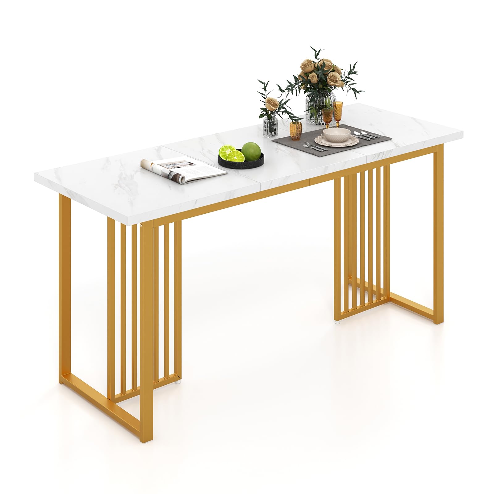 COSTWAY Large Dining Table for 6-8 People, 160 x 60cm Rectangular Dinner Table with Metal Legs & Adjustable Foot Pads, Modern Kitchen Dining Room Office Working Desk (White+Gold, with Faux Marble Top)