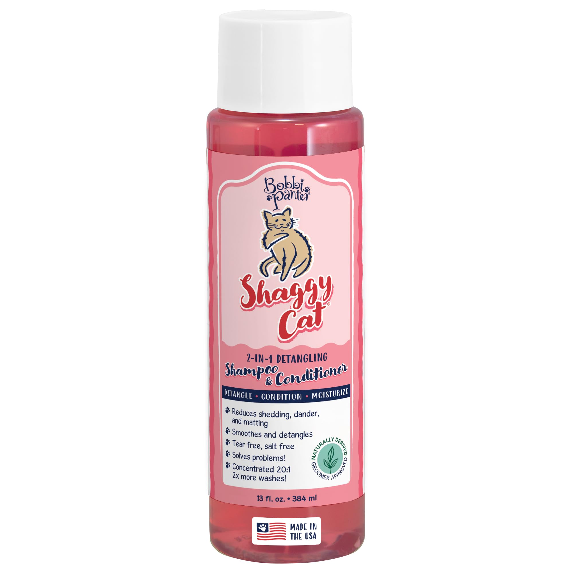 Bobbi Panter 2-in-1 Cat Shampoo &amp; Conditioner – Detangling Natural Formula Reduces Shedding &amp; Matting, Softens Coat, Tear-Free, 10:1 Concentrate, Made in USA, 13 oz