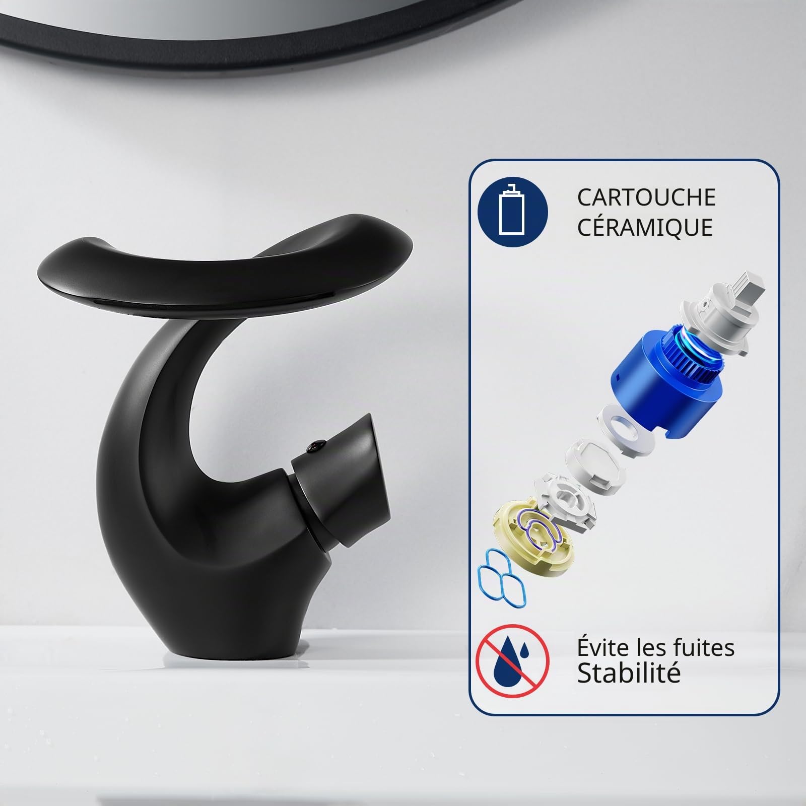Robinet Cascade Noir Mat pour Salle de Bain - Mitigeur Lavabo Moderne et Élégant en Laiton - Eau Froide et Chaude