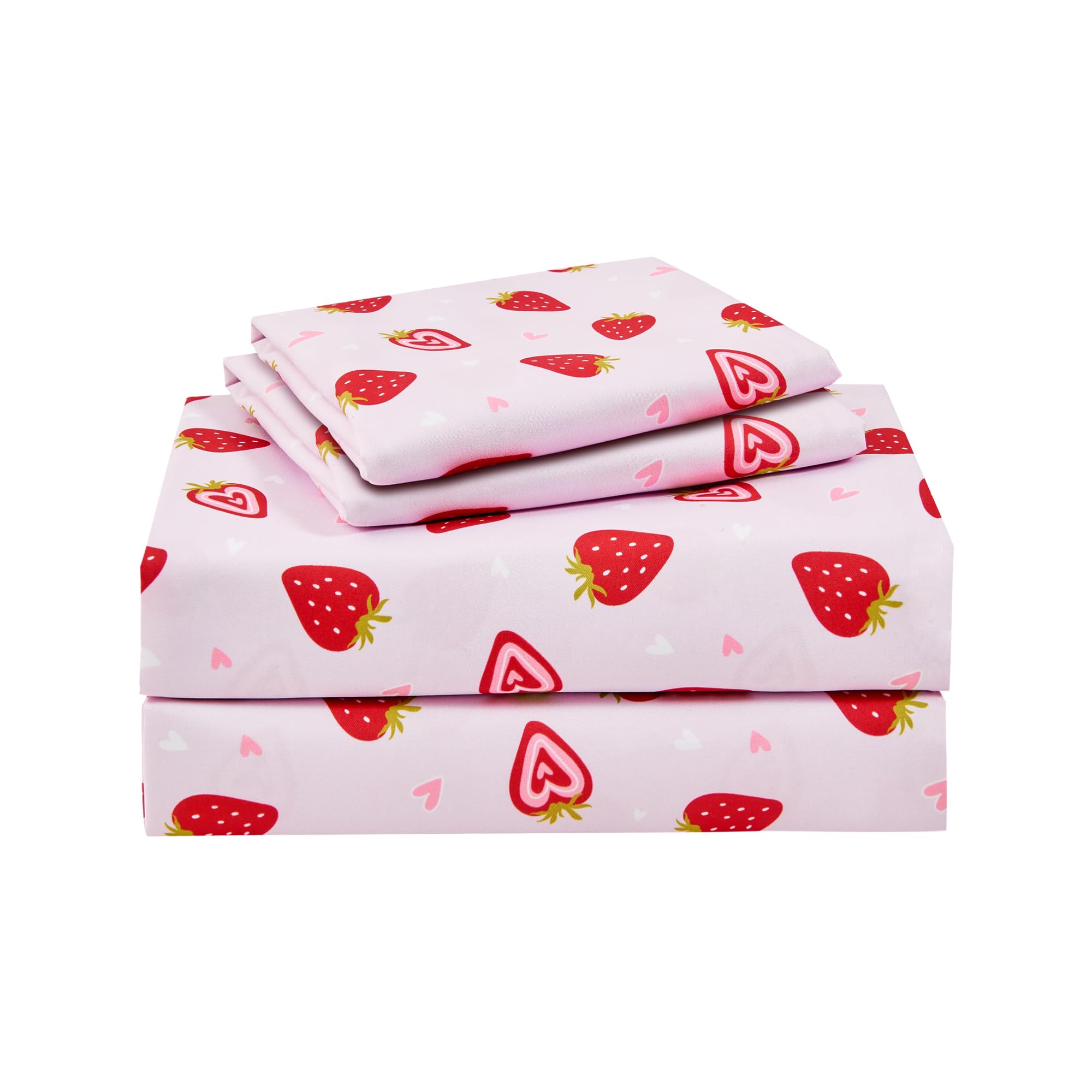 Pink Strawberry Printed Kids Sheet Set Twin Size 3 Pcs Breathable Silky Soft Microfiber Kids Fitted Sheet Bed