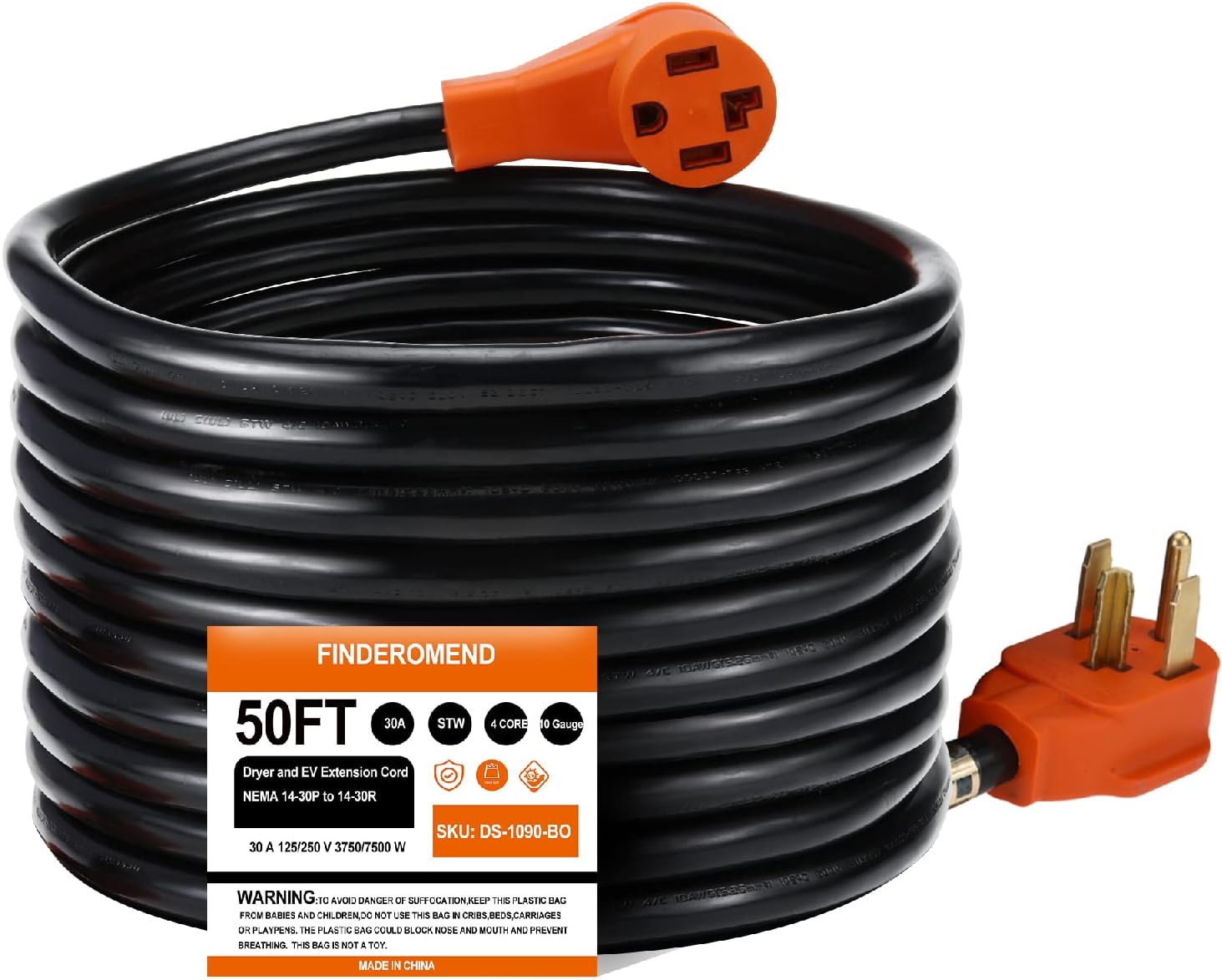 Finderomend 50ft EV and Dryer Extension Cord,30 Amp 4 Prong Dryer Cord NEMA 14-30P to 14-30R 125/250V Fit for Electric Dryer/Tesla Model 3/S/X/Y Level 2 EV Charging Power Cable STW 10AWG UL/ETL Listed NEMA 1430P/R 50ft