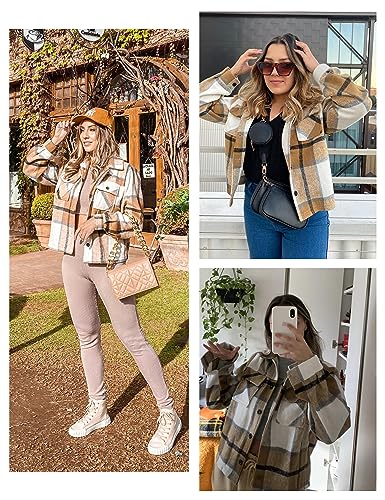 UANEO Womens Cropped Plaid Shacket Button Down Short Flannel Shirt Jacket with Pockets4