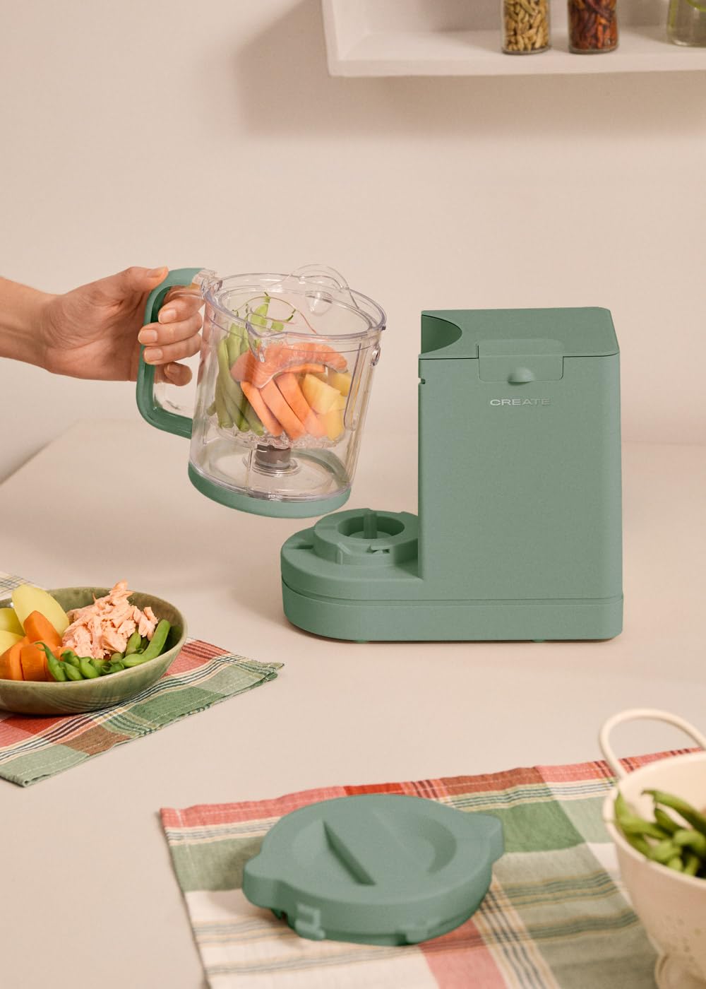 CREATE/BABY CHEFBOT/Multifunktionaler Sterilisator und Küchenroboter für Babys Salbeigrün/BPA-frei, 6 Funktionen, programmierbar, doppelte Höhe für Babyflaschen, 700W