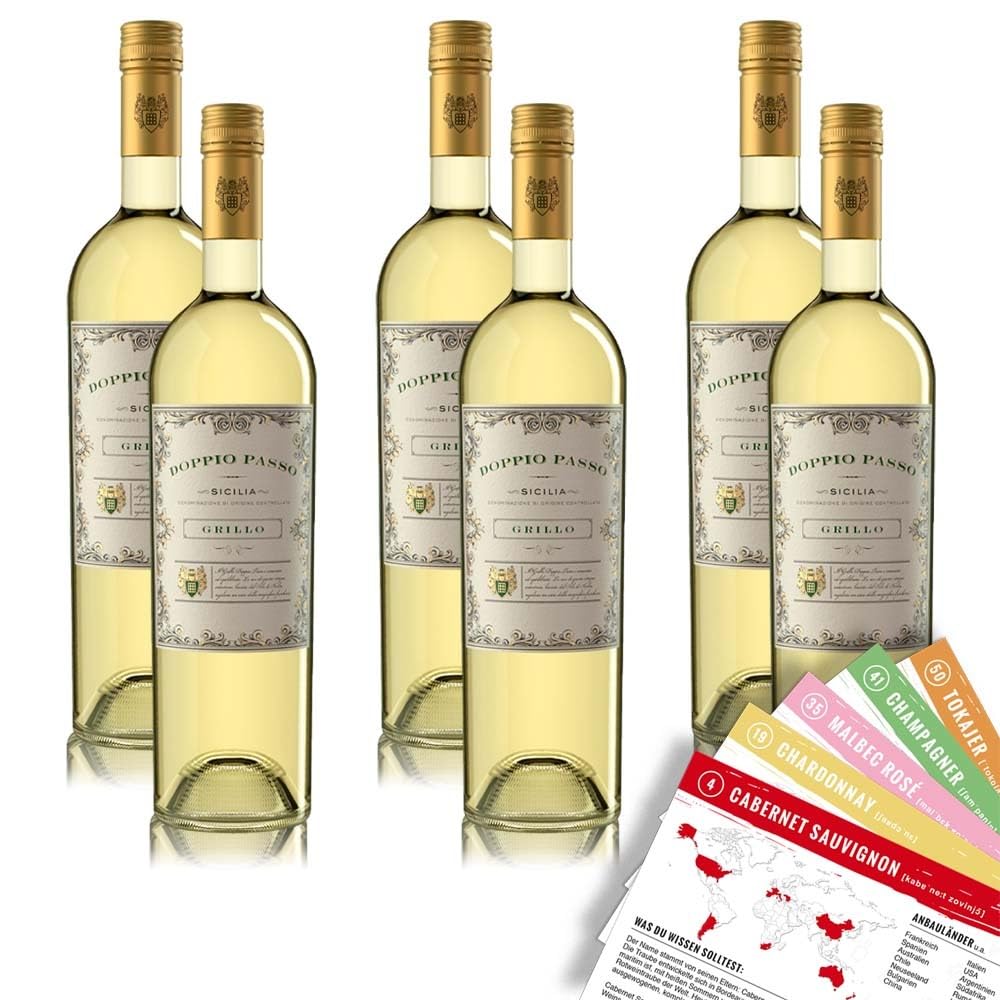 Doppio Passo Grillo Sicilia DOC, halbtrocken, sortenreines Weinpaket + VINOX Winecards (6x0,75l)