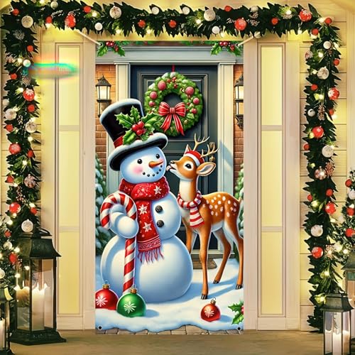 Image of BlissYard Christmas Door Cover 71x35 Inch Snowman and Reindeer Door Banner, Merry Christmas Door Decoration for Front Door, Indoor Outdoor Holiday Backdrop, Winter Xmas Party Door Hanging