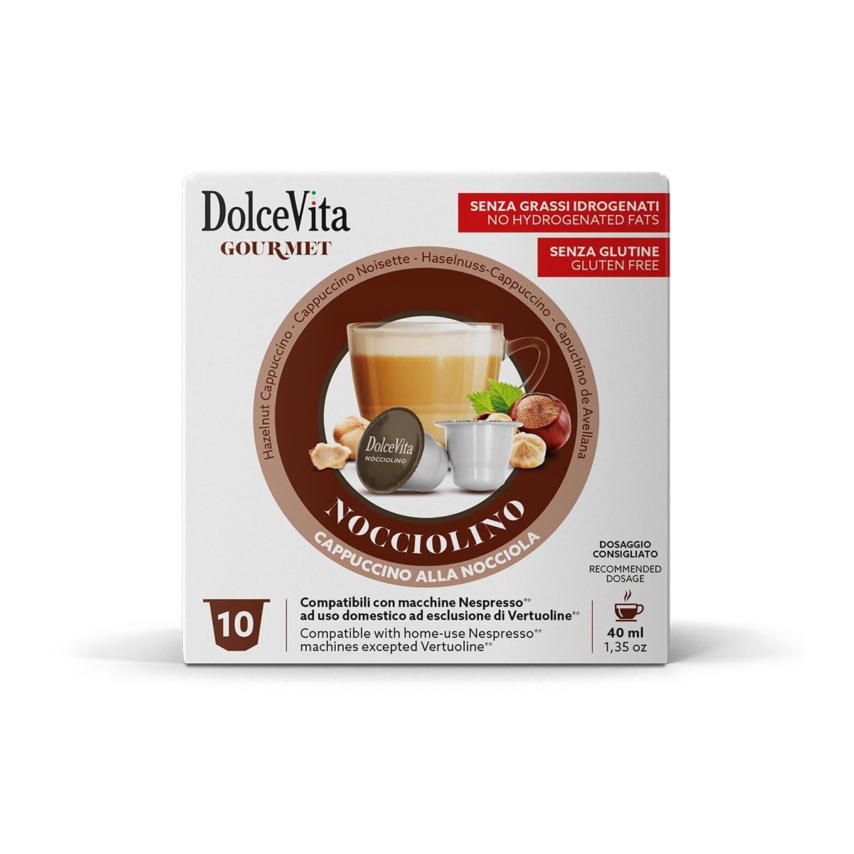 200 Capsule Compatibili con Nespresso NOCCIOLINO marchio DOLCE VITA - Senza Glutine - 20 Astucci da 10 Capsule –