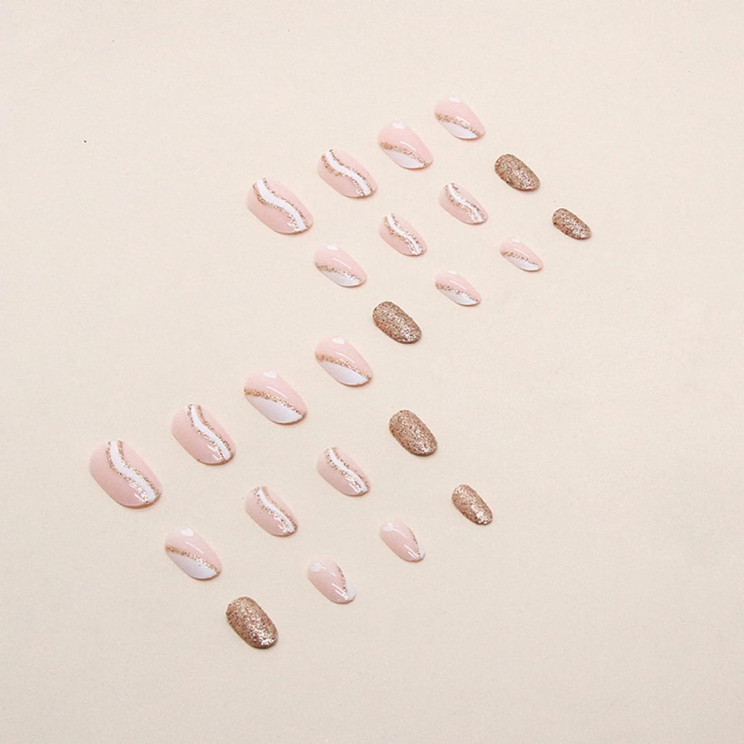 CherryBox 24Pcs Heart Print Medium French Press on Nails Almond Shaped White Edge Wavy Gold Powder Glitter Design Nails for Women Girls Nail Decorations (Jelly Tabs and Glue Included) 3
