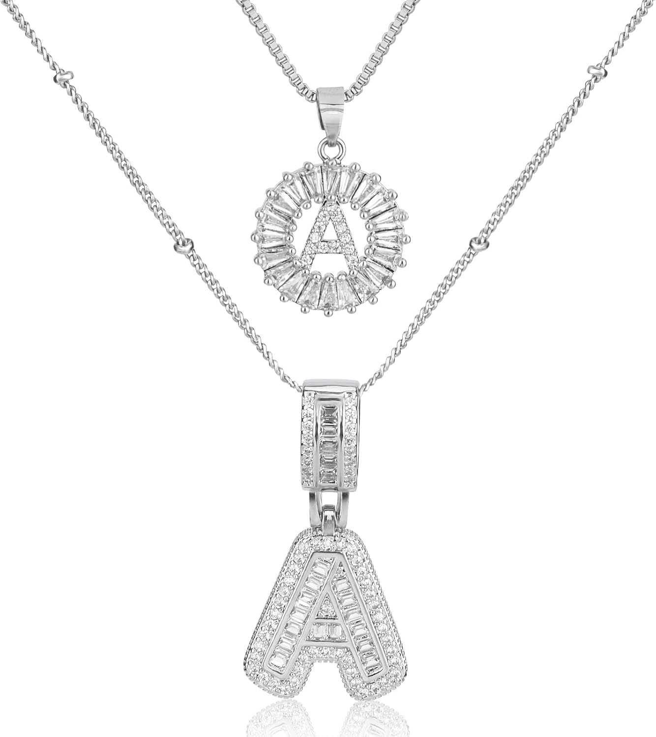MEIITRUE Initial Letter Necklace for Women 14k White Gold Silver Plated Dainty Necklaces Trendy Chunky Custom Layered Necklace Set Personalized Round Circle Zirconia A-Z Letter Chain Pendant Jewelry Gift