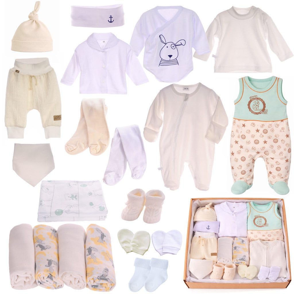 Baby Erstausstattungspaket 21-teilig – Shirt Hose Mütze Strumpfhose Set – Neugeborenen Bekleidungsset aus Baumwolle – Unisex Outfit – Kleidung