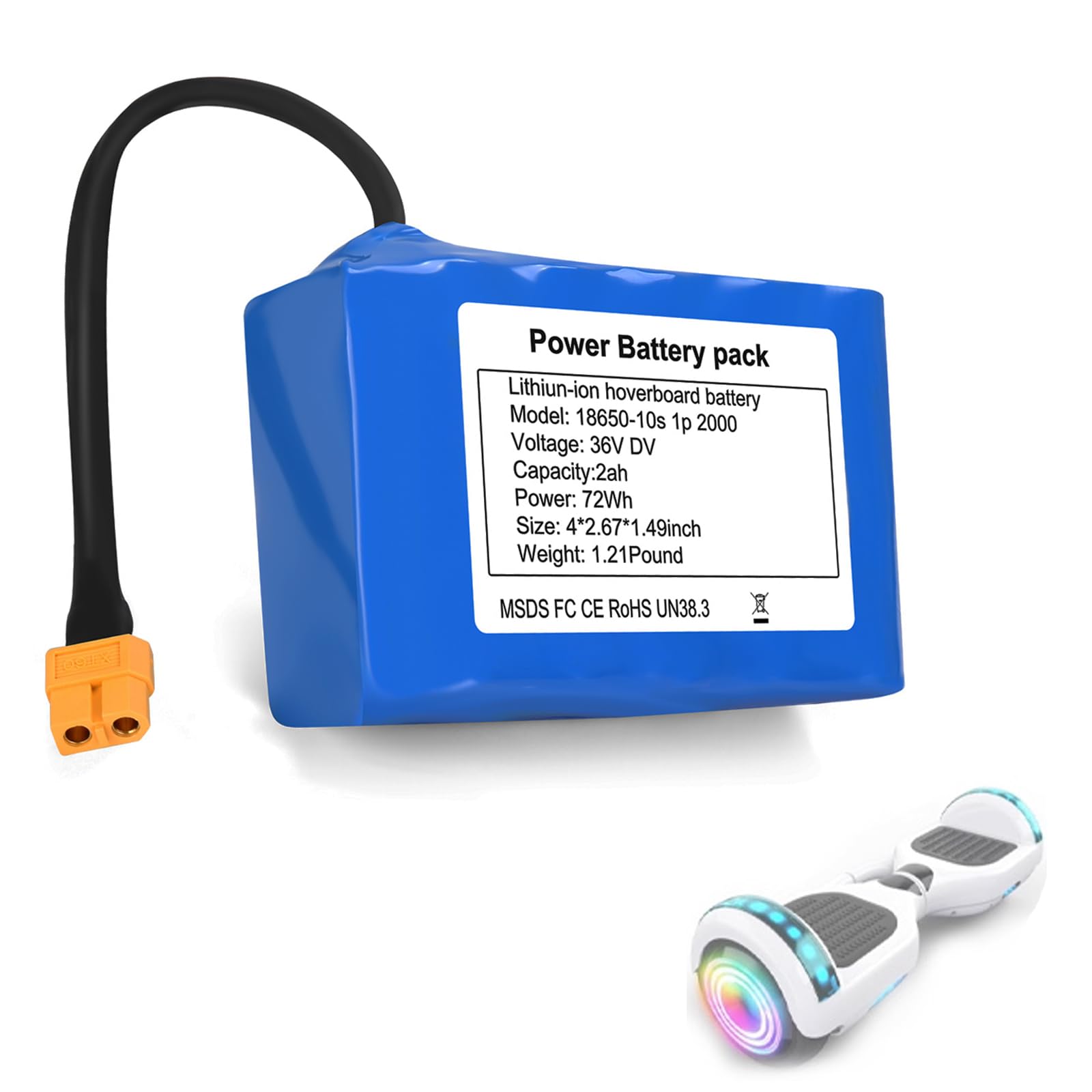 Hoverboard Battery 36V 2.0Ah Rechargeable Lithium-Ion Battery Pack Upgrade with XT60 Plug