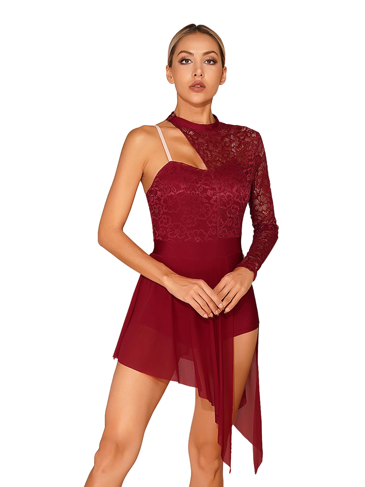 Yeahdor Women's Floral Lace Patchwork Lyrical Dance Costume Single Long Sleeve Ballroom Ballet Dance Dress