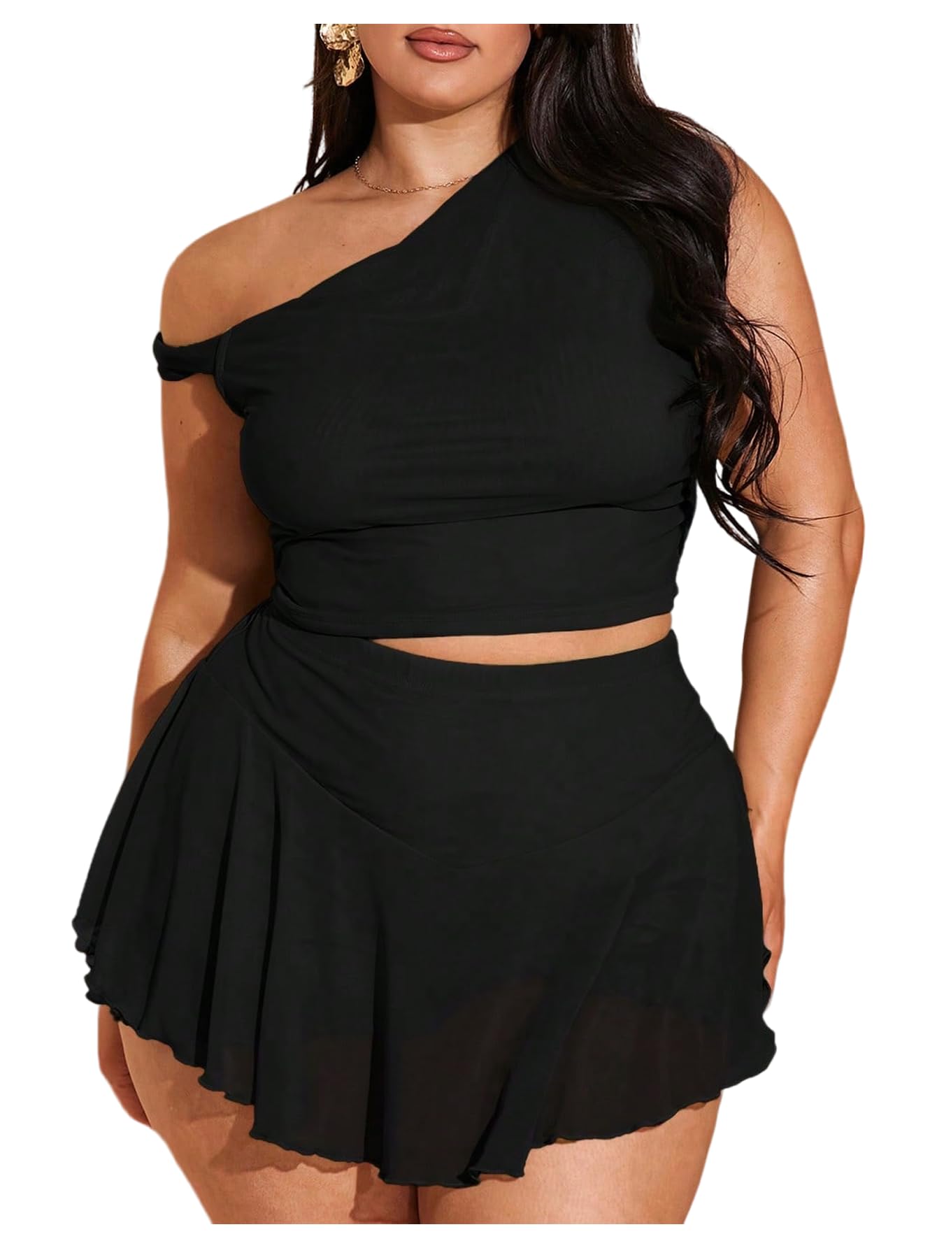 Verdusa Women's Plus Size 2 Piece Outfits Mesh Off Shoulder Crop Tops with Ruffle Skirt Summer Clothing Set: 4X-Large Plus Black