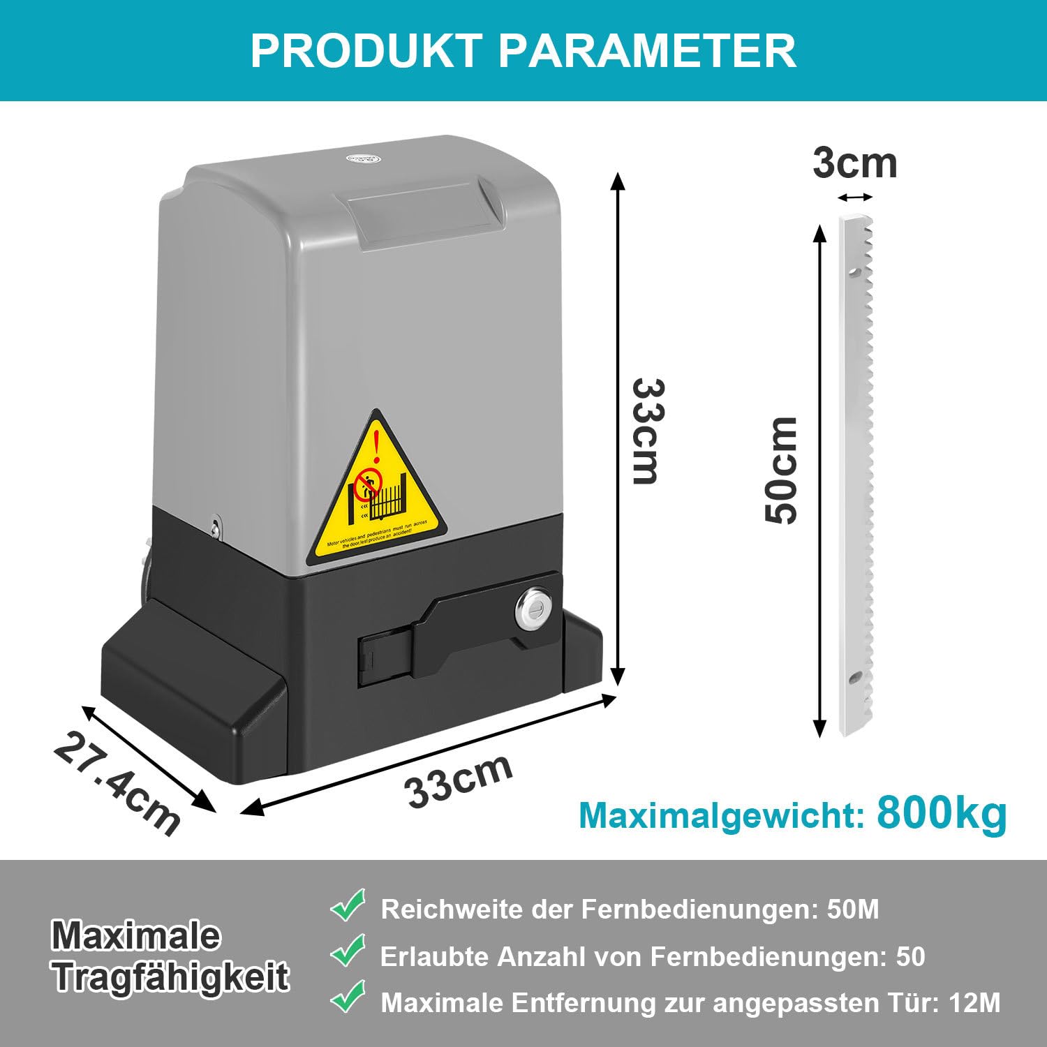 Set de accionamiento para puertas correderas 370W, accionamiento para puertas de garaje y accionamiento para puertas de batiente 800 kg, accionamiento de puerta eléctrico con 2 mandos a
