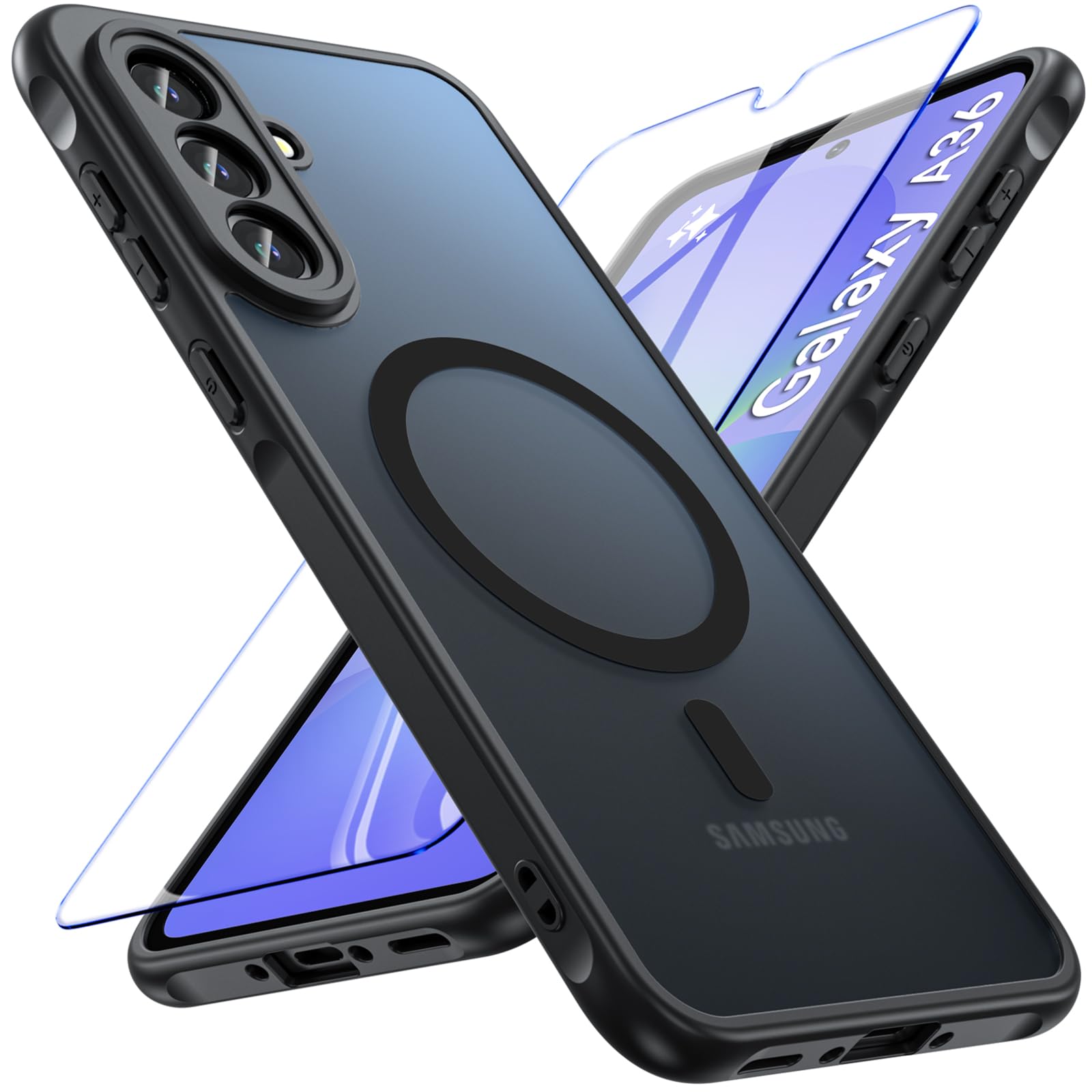 OWKEY für Samsung Galaxy A36 Hülle, Magnetisch Handyhülle für MagSafe mit Schutz Glas Dünn Militärschutz Schutzhülle Case für Samsung Galaxy A36 (Schwarz)