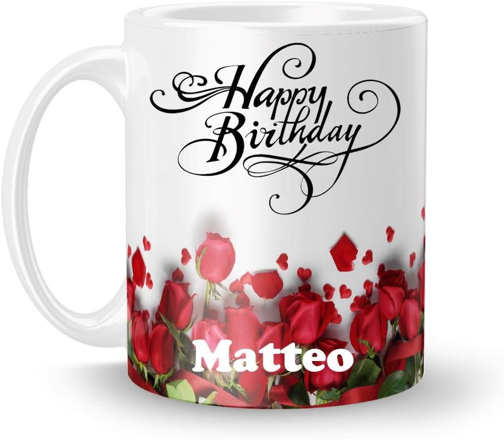 Happy Birthday Matteo Printed White Ceramic Mug (350) ml