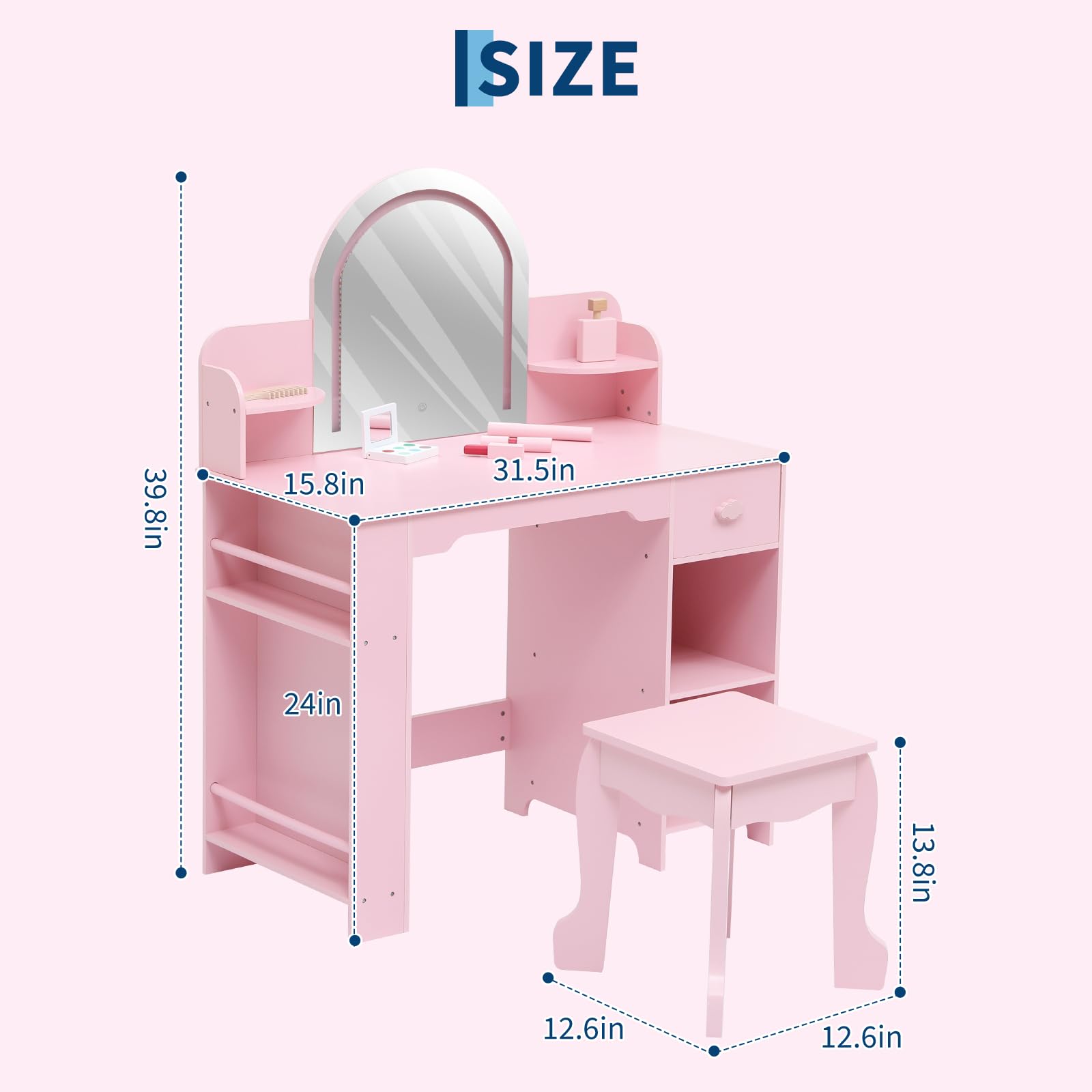 Coiffeuse Enfant Fille avec Miroir LED Lumineux et Tabouret, Bureau Enfant 2 en 1 avec Tiroir et Étagères, Coiffeuse en MDF à Bords Arrondis pour Chambre d'Enfant, Cadeau pour Fille de 3 à 8 Ans