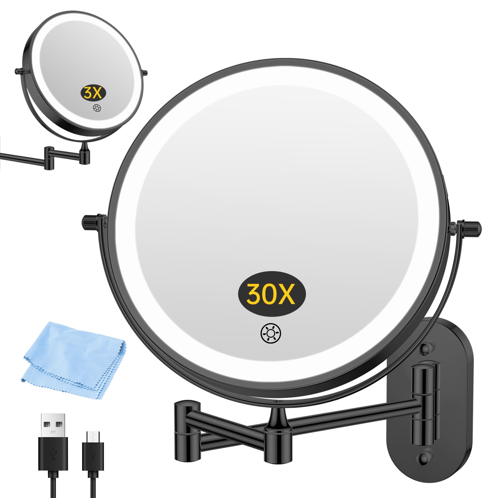 FUNTOUCH 5000mAh Wiederaufladbar Kosmetikspiegel mit Beleuchtetung, 3X 30X Spiegel Vergrößerung Wandmontage, Rasierspiegel mit 3 Lichtfarben, 360° Drehbar für Badezimmer