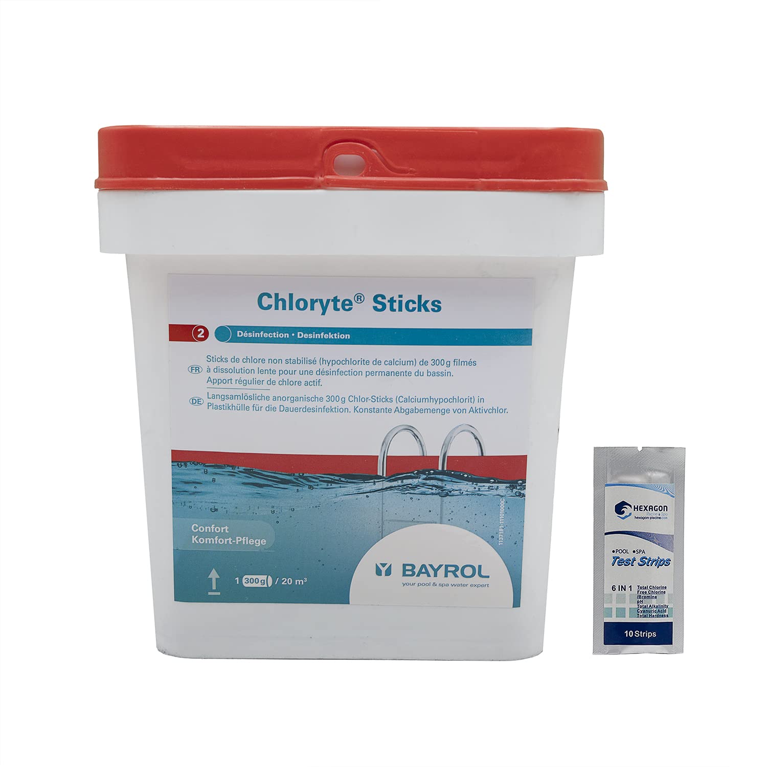 BAYROL CHLORYTE Sticks - 4,5kg | Chlore Lent Non Stabilisé - Désinfection Régulière - Hypochlorite de Calcium à Dissolution Lente + 10 Tests HPS OFFERTS 6 en 1