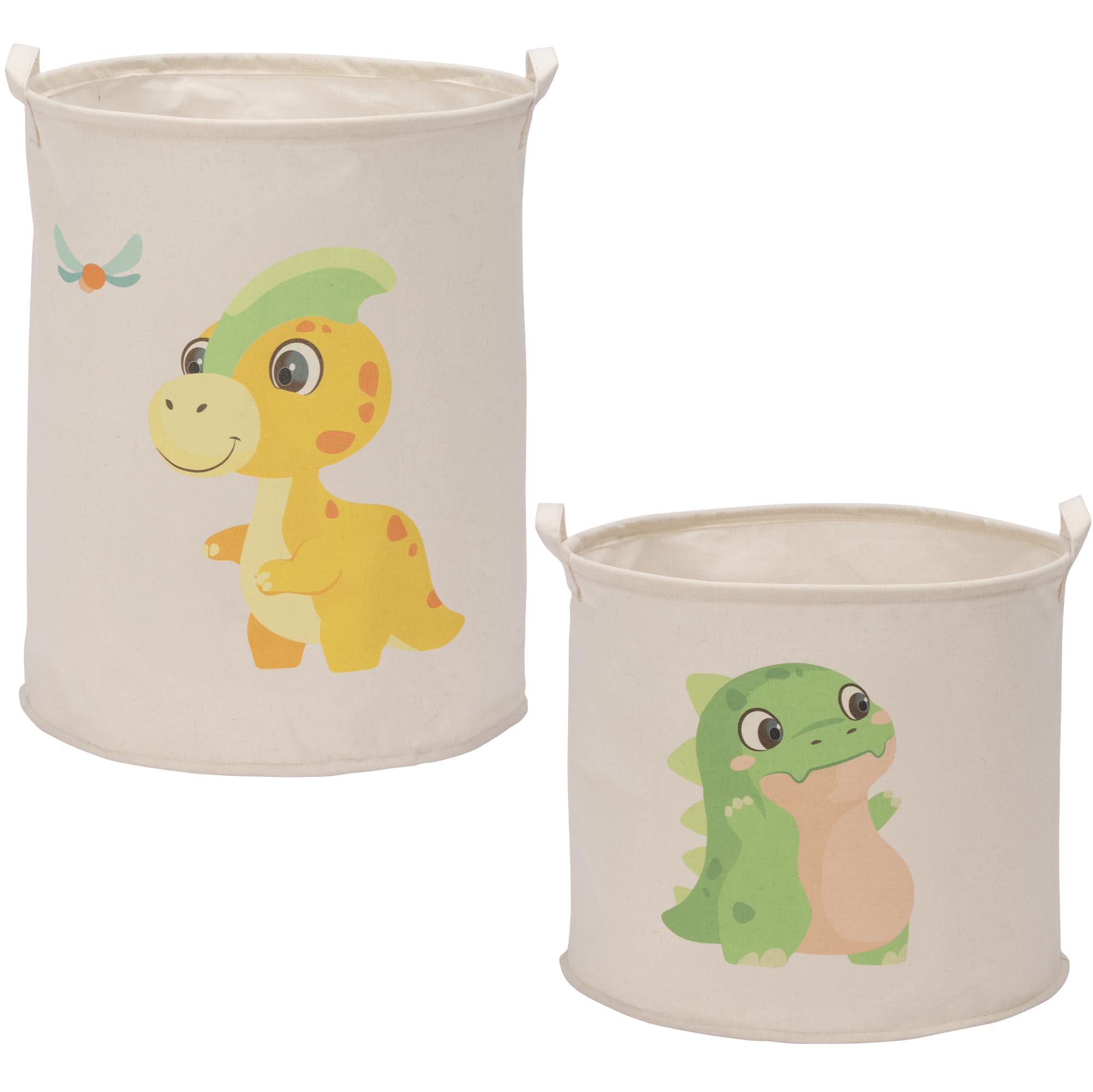 Navaris Green Dinosaur Toy Storage Baskets, Set of 2 - Collapsible Toys & Laundry Kids Hamper - Round Washing Basket Ideal for Baby Nursery and Bedroom - Hampers For Boys and Girls