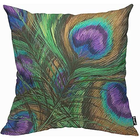 Mugod Peacock Feathers Cushion Cover Throw Pillow Covers Animal Beautiful Colorful Digital Paint Shiny Green Purple Pillow Case for Men Women Decorative Home Sofa Chair Couch 45x45cm/18x18 Inch Cover