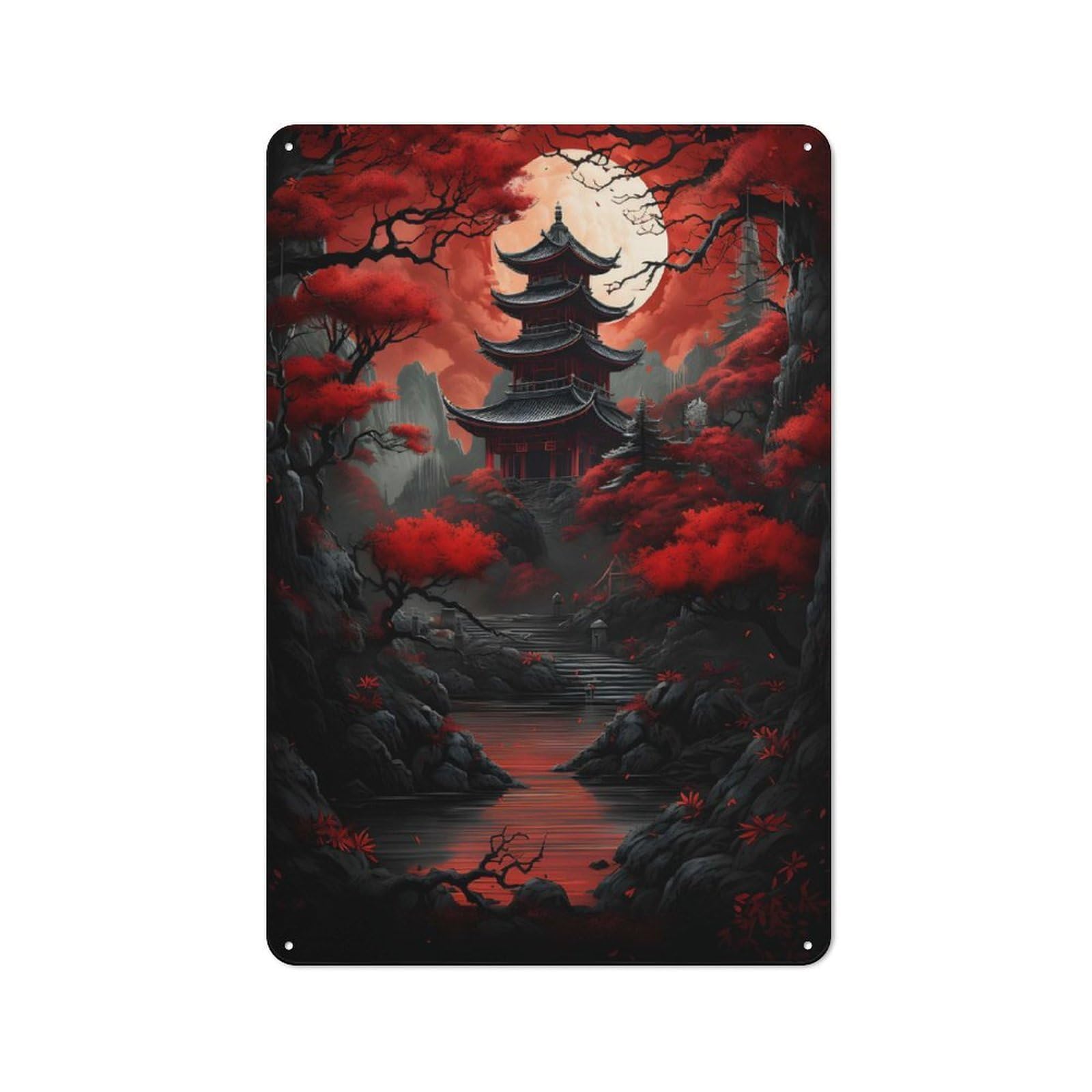 Junmoney Red Moon Japan 30X20cm Vintage Tin Sign With For Hobby Room Or Studio, For Winter Interiors And Metal Sign Collectors