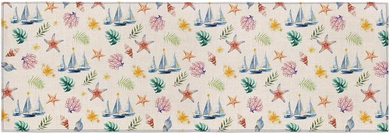 Teamery Kitchen Mats for Floor Summer Sea Starfish Sailboat Washable Non Slip Kitchen Rugs 1PCS, Marine Life Coral on Linen Absorbent Standing Mats for Sink Bathroom Office Living Room 23.6x70.9in