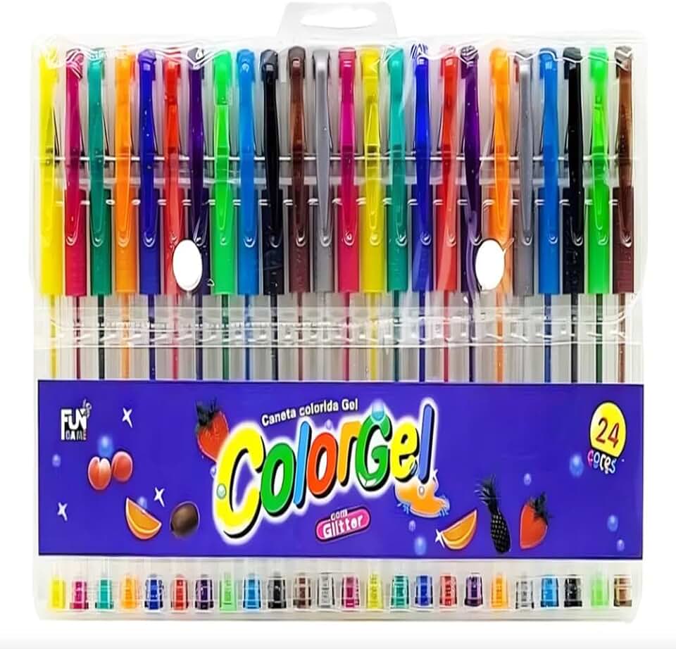 Kit 24 Canetinhas Gel Coloridas 0.5mm com Frutas Decorativas – Ponta Fina, Cores Vibrantes, Canetas Divertidas para Escola, Planner, Bullet Journal e Desenho
