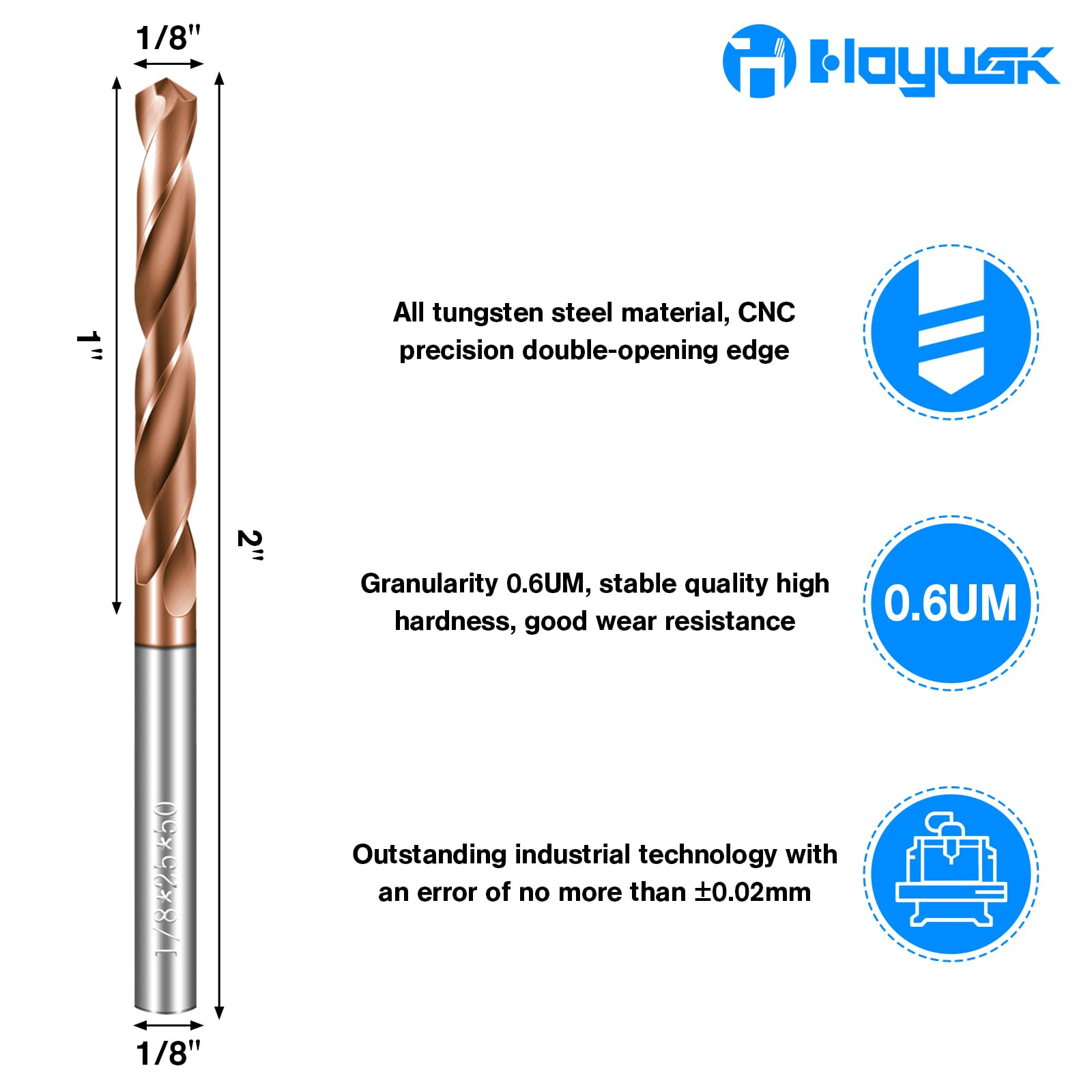 Brocas de carburo sólido, juego de brocas de carburo de tungsteno con revestimiento TISIN, juego de brocas de metal para acero endurecido, hierro fundido, madera, plástico, 2 piezas (2, 1/8 pulgadas)