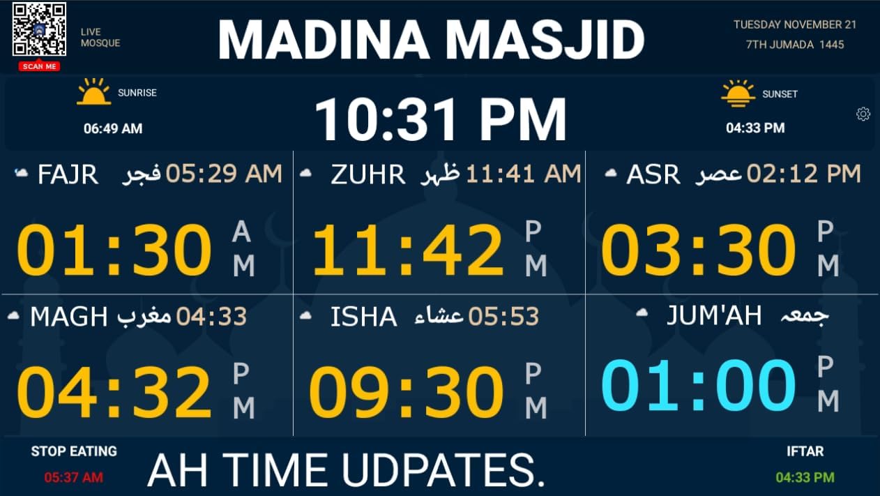 Live Mosque Masjid Digital Clock for Masjid Iqama Display - Muslim Islamic Clock with WiFi, Iqama Time Display on Your TV, Live Sermon and Prayer Time Clock Devices W/43 Display (for Medium Masjid)