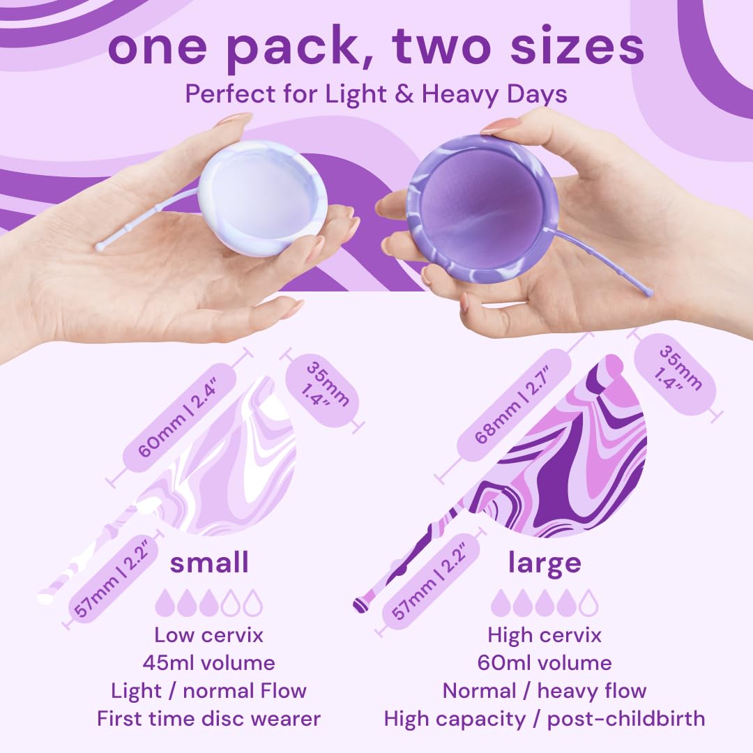 Bodyotics Comfydisc: 2 discos menstruales reutilizables (S y L) con cuerda extraíble para una fácil inserción y extracción, protección a prueba de fugas de 12 horas, silicona segura para el cuerpo e