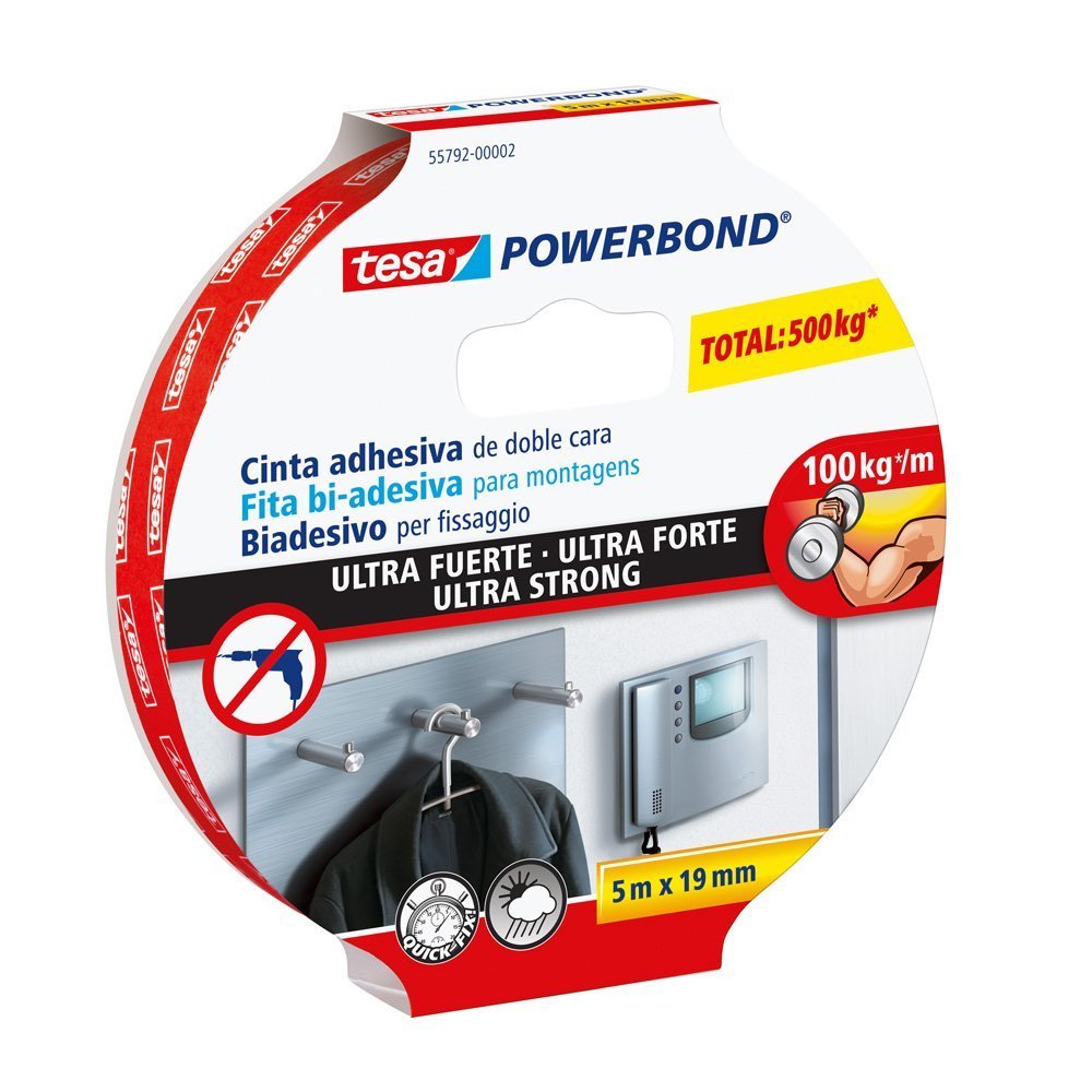 tesa Powerbond Ultra Strong Montageband/Doppelseitiges Klebeband für eine besonders starke und dauerhafte Befestigung ohne Bohren / 5 m x 19 mm (5m:19mm / 2er Pack)