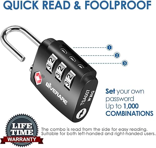 Miniatura 4 de Paquete de 4 cerraduras de equipaje de viaje aprobadas por la TSA, cuerpo de aleación de bloqueo de combinación, candados de metal de 3 dígitos,