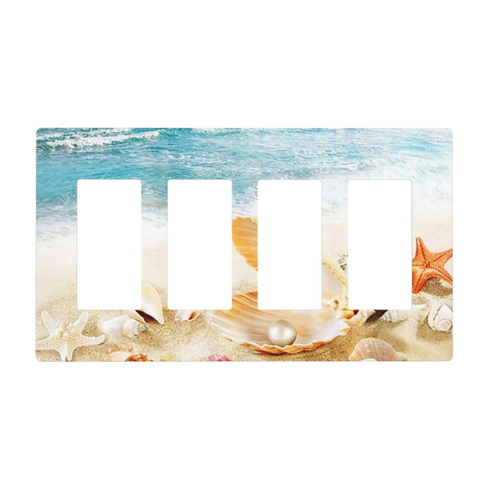 Nautical Beaach Shell Starfish Coastal 4 Gang Quad Rocker/GFCI/Decorator Light Switch Cover Plate Decorative Electric Quadruple Faceplate Switchplate Screwless