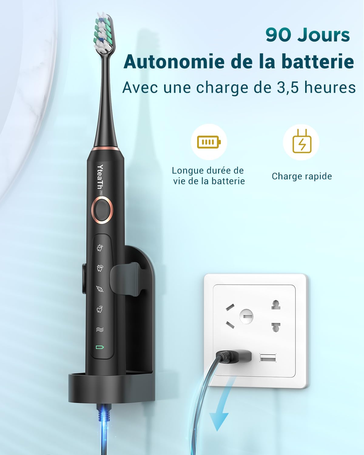 Brosse À Dent Électrique Soniques pour Adultes - Brosse A Dent Sonique avec 8 Têtes de Brosse et Étui de Voyage, 5 Modes, Étanche IPX7, Brosse A Dent Electrique de Voyage Rechargeable, Noir