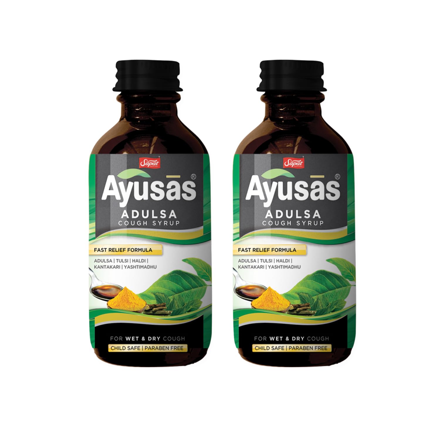 Sapat Ayusas Adulsa Ayurvedic Cough Syrup 100 ml | Ayurvedic Relief for Wet, Dry, Smoke & Pollution Cough | Non-Drowsy, Paraben-Free | Kids & Adults | Feel the relief | (Pack of 2)