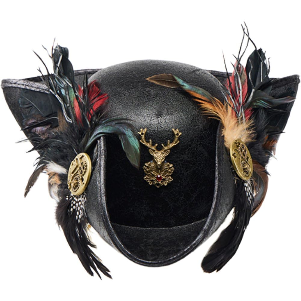 Lamdbao Punk Pirate Hat with Feather Pirate Costume Accessories, Medieval Colonial Tricorn Hat Halloween Cosplay Accessories for Men Women