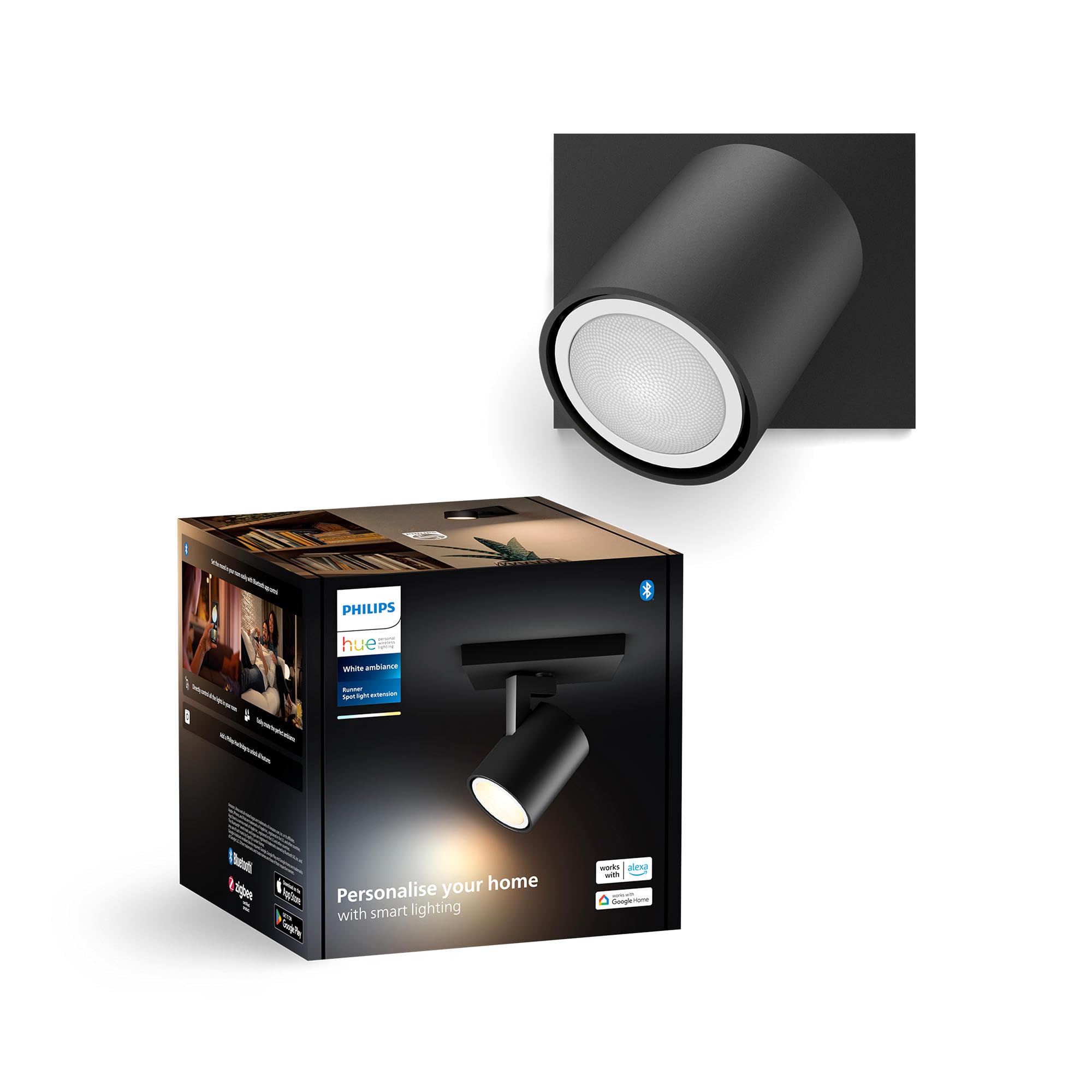 Philips Hue Runner 1 Foco LED Inteligente, Luz Blanca Cálida a Fría, Regulable, Bombilla LED Compatible con Alexa y Gogle Home, Color Negro
