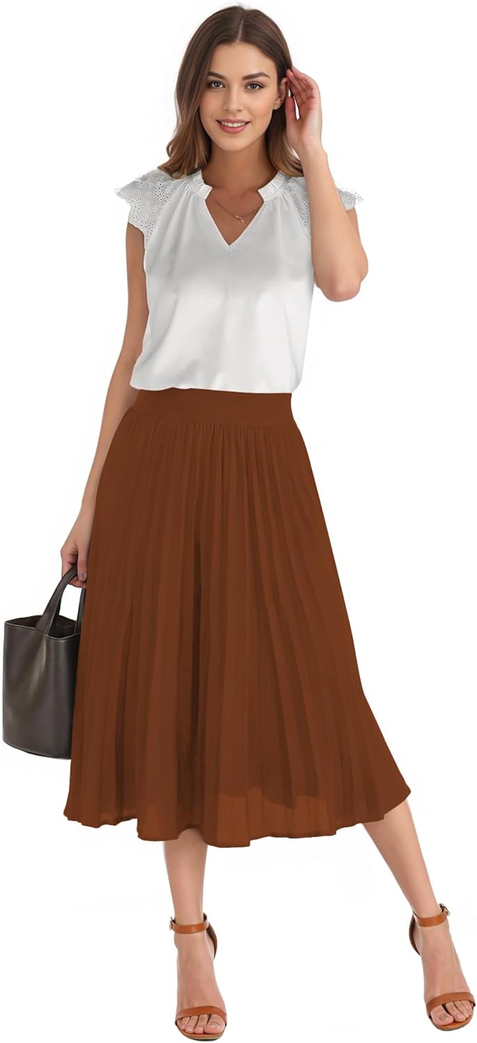 Pleated Skirts for Women,High Elastic Waisted Midi Length A-Line Swing Flowy Business Casual Chiffon Womens Skirt - Image 5