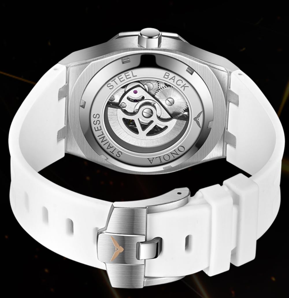 Reloj de pulsera para hombre, diseño de arco iris, con bisel de diamante, esqueleto hueco, automático, correa de silicona, impermeable, luminoso