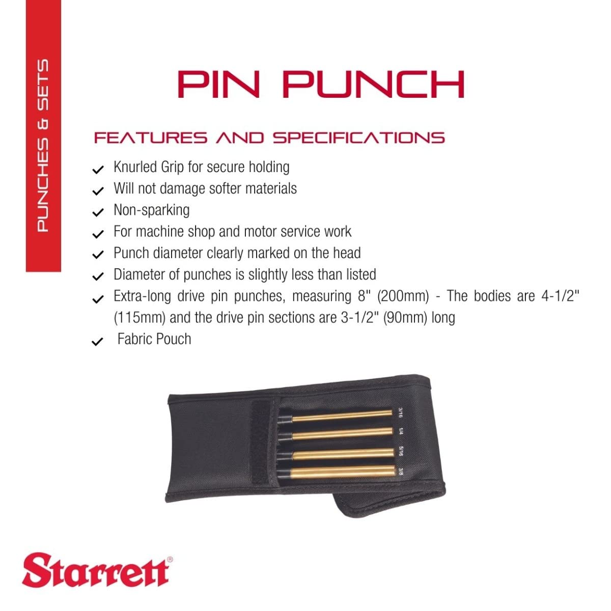 Starrett SB248Z - Set di 4 punzoni in ottone, lunghezza estesa in ottone, diametro perno 3/16"-3/8", lunghezza totale 20,3 cm, lunghezza totale 8 cm, lunghezza perno 9,5 cm, in sacchetto di tessuto