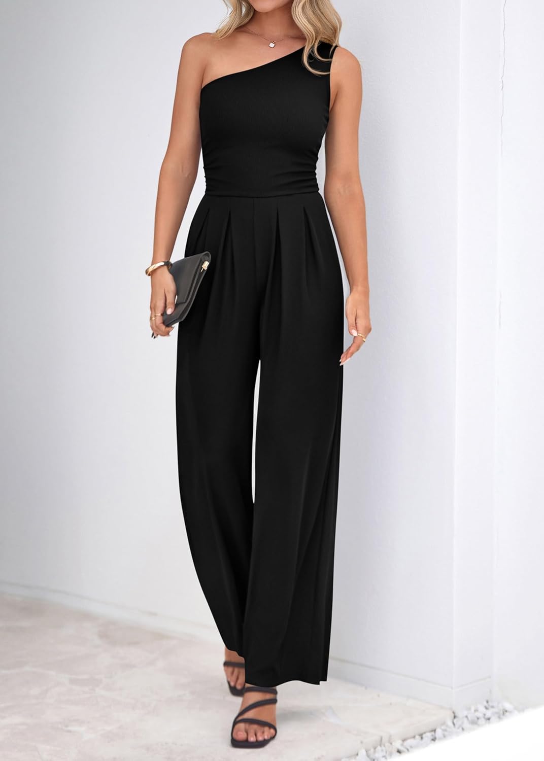 KIRUNDO One Piece Jumpsuits For Women Dressy 2026 Sleeveless One Shoulder Ribbed Wide Leg Rompers With Pockets Summer Outfits - Image 4