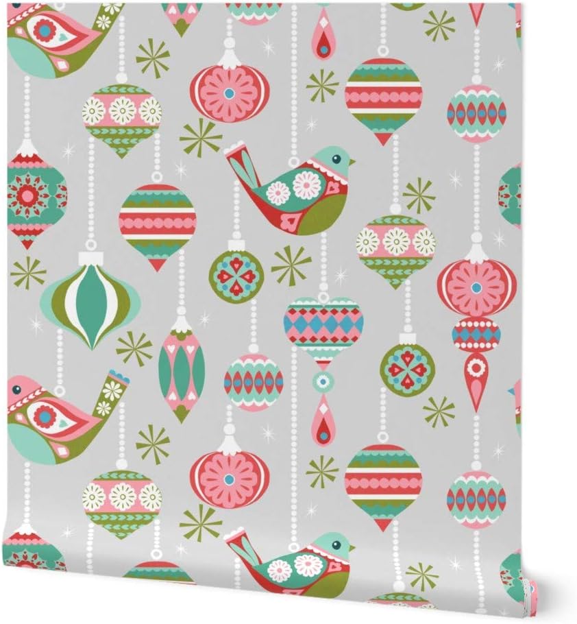 Peel & Stick Wallpaper 3ft x 2ft - Christmas Ornament Holiday Vintage Mod Tree Birds Grey Custom Removable Wallpaper by Spoonflower