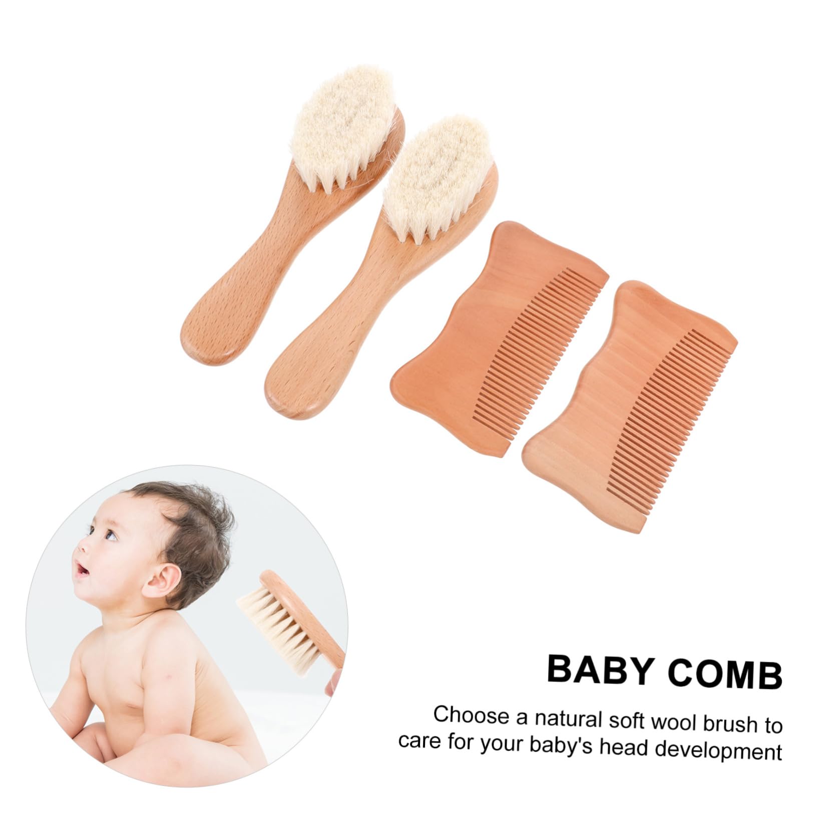 JOINPAYA Baby Scalp Grooming Kit 4pc Beech Wool Brush Cat Ear Comb Set Wooden Soft for Baby Hair Care