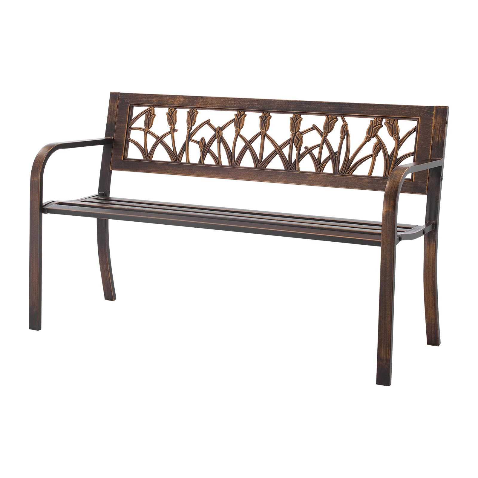 VEVOR Banco de Jardín de Metal 127 cm con Estructura de Acero al Carbono, Respaldo de PVC con Estampado Floral, Reposabrazos, Banco para Exterior, Ideal para Patio, Parque, Color Bronce Antiguo