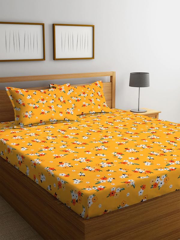 NHD HOME Premium 100% Cotton 210tc Flat Double Bed Bedsheets for Summer Breathable | Wrinklefree (Size-90 x 90 Cm) with 2 Pillow Covers (Size-17 X 27 Inches,Floral, Yellow & Red) (B0D13MXRLQ) Amazon Price History, Amazon Price Tracker