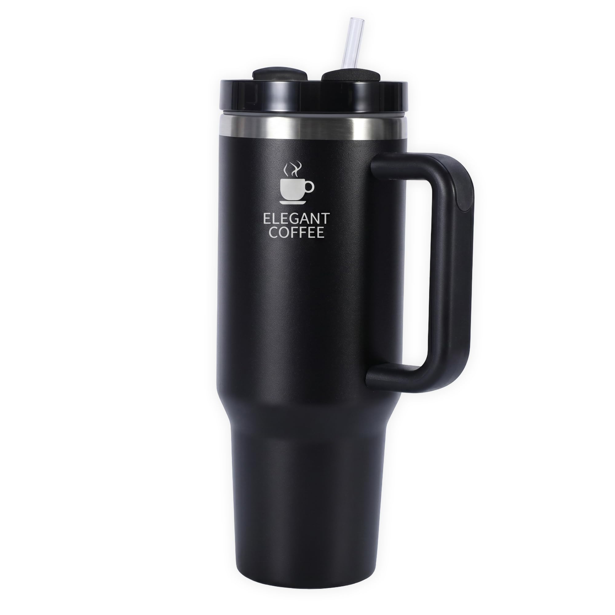 Elegant coffee 40oz Stainless Steel Travel Mug with Spill Proof Lid & Straw, Ergonomic Handle, Double Wall Vacuum Insulated Tumbler Keeps Drinks Hot 12H & Cold 24H, for Travel & Office - (Black)