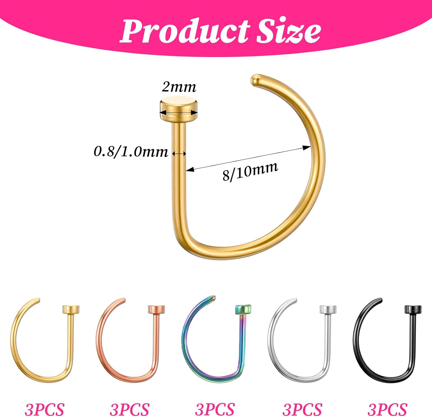 Skrfren 15 PCS 20G 8mm Fake Nose Rings Hoop Set, D Shaped Stainless Steel Faux Nose Hoops, Non Pierced Clip On Lip Septum Rings, Piercing Jewelry for Women for Halloween Party Daily Wear (Multicolor)