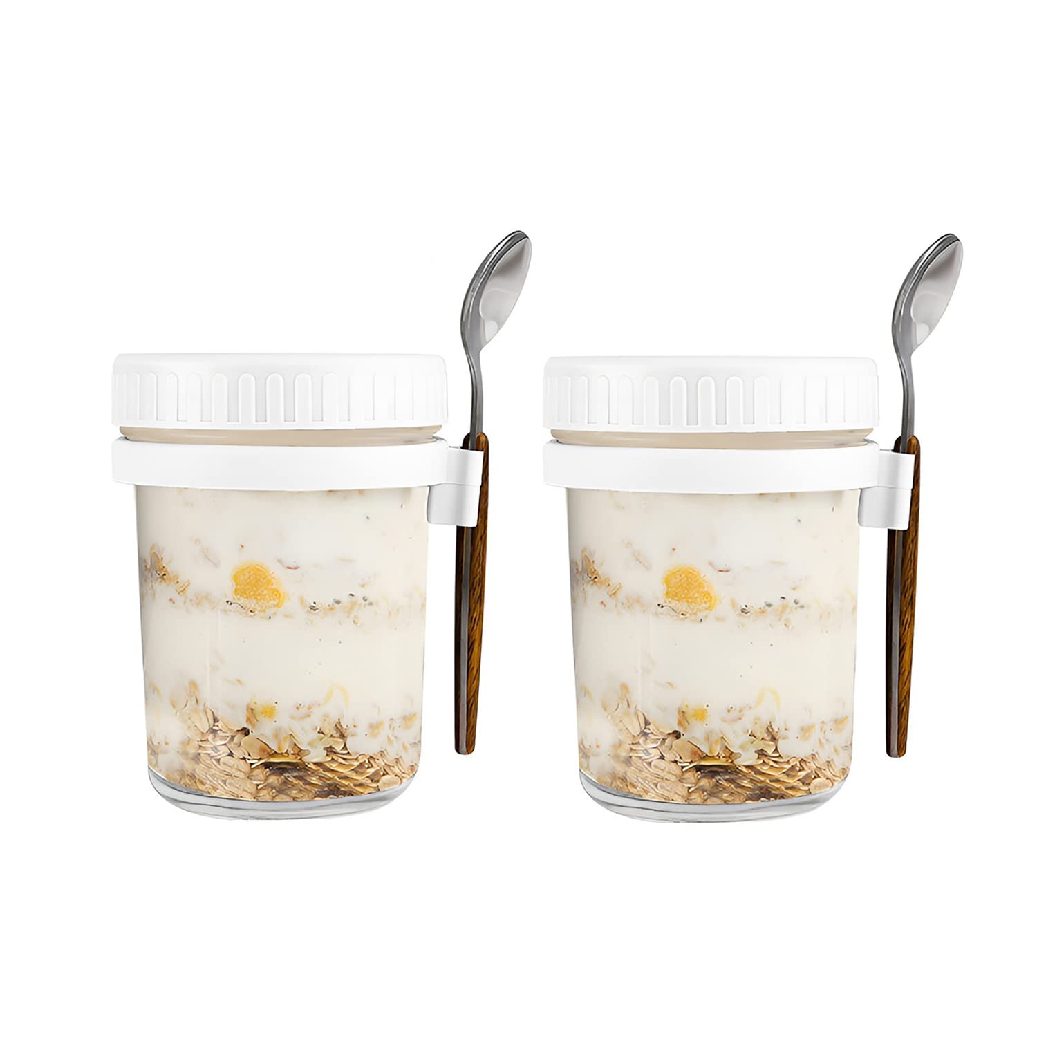 Hniuyun Gray + White, Gray + Green, White + White 2 Pack Overnight Oats Jars With Lids And Spoon, 10 Oz Airtight Breakfast Jars With Measurement Marks, Mason Jars With Lid For Salads Cereal Milk Porridge Fruit (White + White)